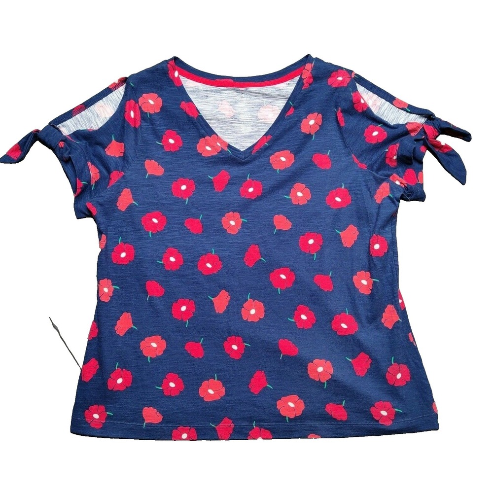 St Johns Bay Women Small Navy Floral Open Shoulder V-Neck Top NEW